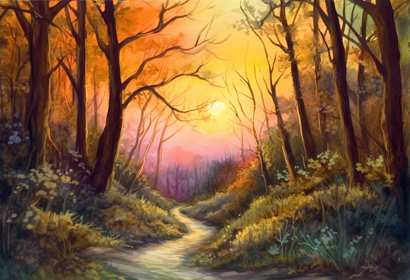 林中小路日落树木风景油画,插画/手绘图,插画/手绘图库,插画/手绘图下载,插画/手绘